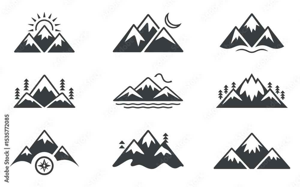Poster set of mountain icons with different elements like sun moon trees compass and water in simple black 