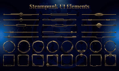 Set of Steampunk Fantasy Elements for user interface, poster, video. Fantasy mechanic HUD. Template for rpg game interface. Vector Illustration EPS10