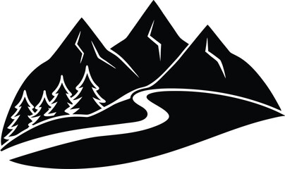 outlined mountain landscape with a winding trail.eps