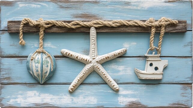 Coastal Decor Starfish, Boat and Seashell on Blue Wood, nautical, beach decor