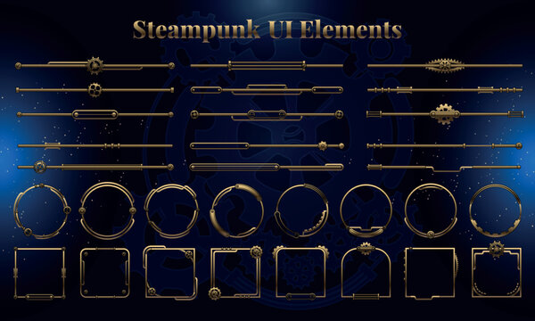 Set of Steampunk Fantasy Elements for user interface, poster, video. Fantasy mechanic HUD. Template for rpg game interface. Vector Illustration EPS10