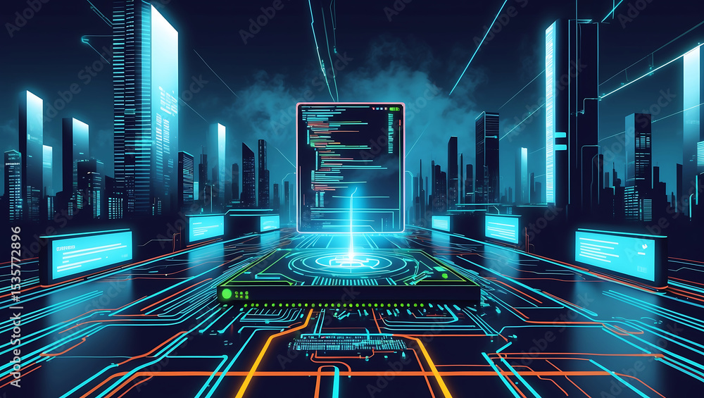 Aufkleber futuristic cyber city illustrating data processing technology and modern digital coding visualizatio