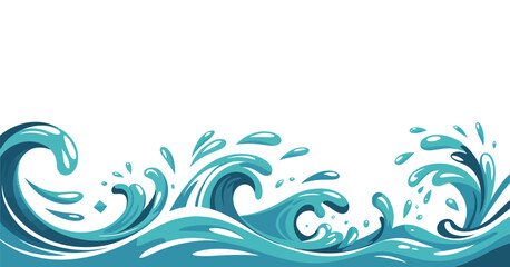 Stylized Water Wave Illustration with Dynamic Movement and Splashes on a White Background Perfect for Summer Themes and Aquatic Designs with a Cartoon