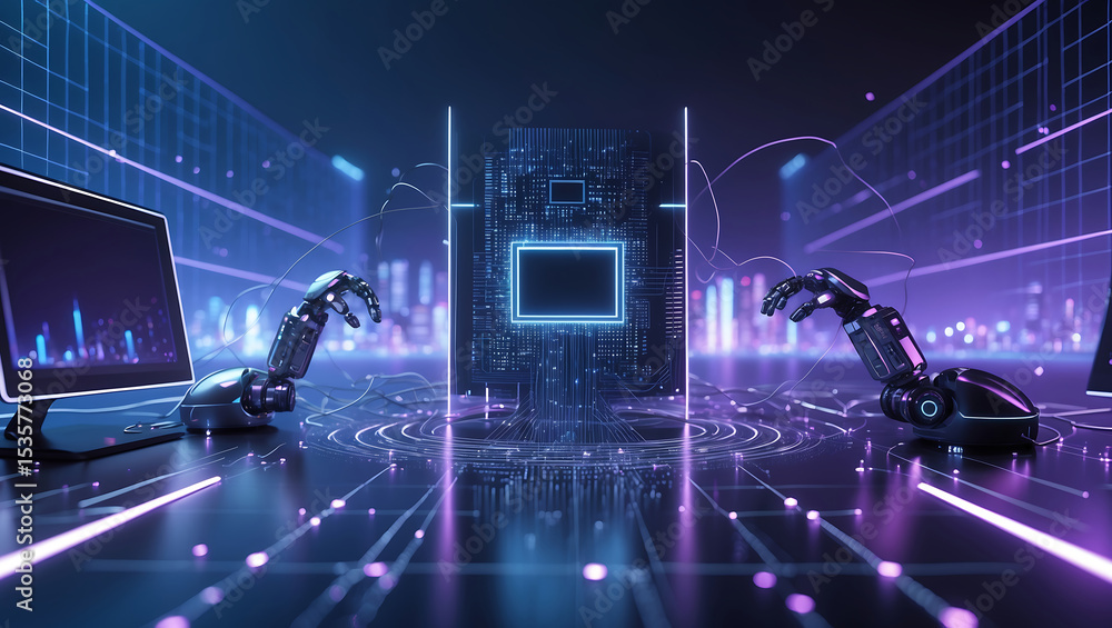 Poster futuristic digital concept featuring robot hands connecting to a glowing circuit board in virtual sp
