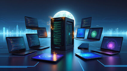 Futuristic digital server architecture showcasing data processing and information technology concepts