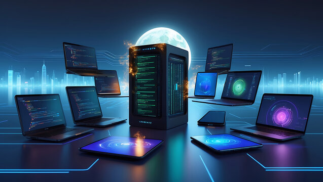 Futuristic digital server architecture showcasing data processing and information technology concepts