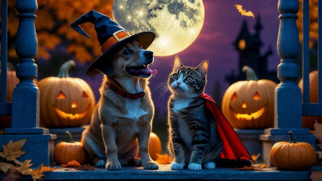 Adorable Dog and Cat in Halloween Costumes on Porch with Pumpkins and Full Moon