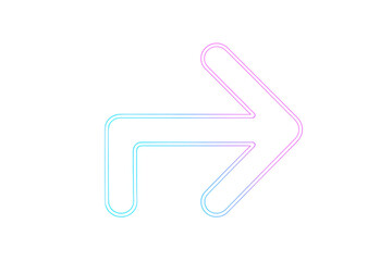 Fototapeta premium Neon double arrow glowing in cyan and magenta, pointing rightward against transparent background, representing directional movement