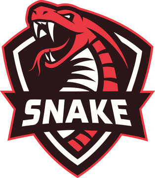 Aggressive Snake Mascot Logo Displaying a Ferocious Red Snake with Sharp Fangs Over a Bold Text Banner, Sports Team Ready