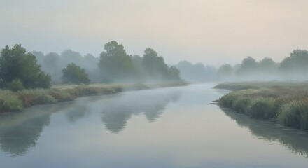 Obraz premium Misty Morning River with Distant Trees, Oil Painting