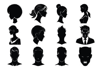 A Vector Silhouettes of Diverse Men and Women head icon set on white background 