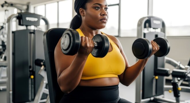 African american plus size woman holding dumbbells and doing bicep curls at gym. Fitness workout for strength and health. - Powered by Adobe