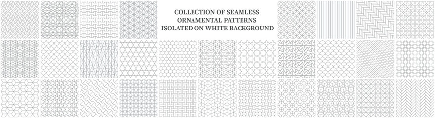 Naklejka na ściany i meble Collection of seamless ornamental geometric patterns - art deco classic design. Repeatable oriental elegant backgrounds. White and gray outline prints.