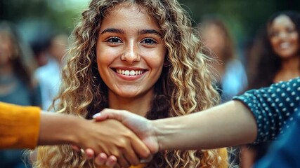 Smiling Young Woman Shaking Hands in a Group