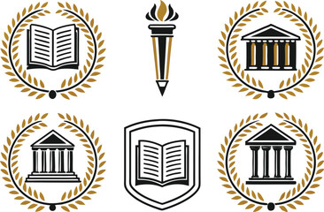 Educational Symbols Depicting a Torch, Buildings, and Open Books Framed with Laurel Wreaths Emphasizing Learning and Academic Achievement