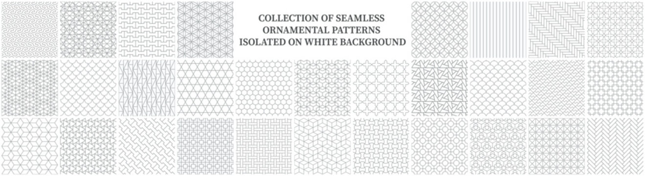 Naklejki Collection of seamless ornamental geometric patterns - art deco classic design. Repeatable oriental elegant backgrounds. White and gray outline prints.