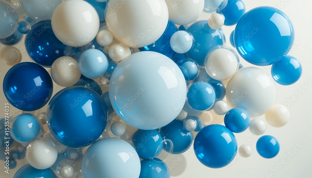 Aufkleber abstract background of glossy spheres in blue and white hues floating gently against a neutral backg