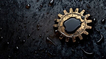 A minimalist composition featuring a single mechanical gear half-submerged in glistening oil droplets against a dark, textured background