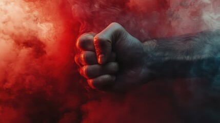 A person clenched fist punching through swirling red and black smoke with veins bulging across a tense arm