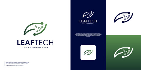 Green energy technology abstract logo with leaf shape, modern innovation product, vector graphic template. © dhulpikir