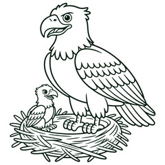 Obraz premium Eagle and Baby in Nest Coloring Page Cartoon Bird Line Art Illustration for Kids