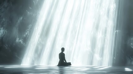 A serene silhouette bathed in radiant white aura enveloping a kneeling worshiper in gentle rays
