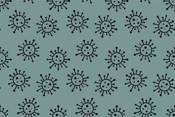 Cartoon seamless virus pattern. Pandemic health danger background with abstract medical bacteria symbols. Vector illustration for fabric, design, print, wallpaper, cover, covid concept