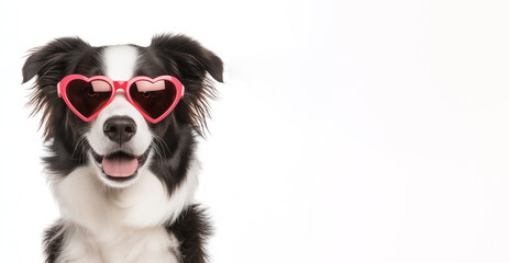 Border collie dog with heart shaped sunglasses, studio portrait empty copy space on side. Generative AI