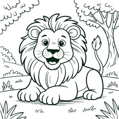 Cute Lion Coloring Page – Cartoon Jungle Animal Line Art Illustration for Kids