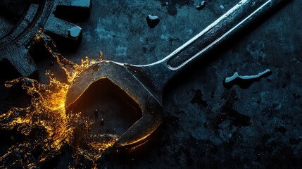 A service concept banner featuring a wrench icon leaning against a gear silhouette, with a drop of oil splashing onto the gear teeth below