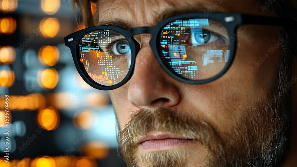 Poster close-up portrait of a man with glasses reflecting digital code on a blurred background of glowing l