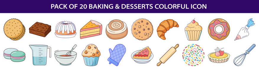 A vibrant and delicious pack of 20 baking and dessert themed icons