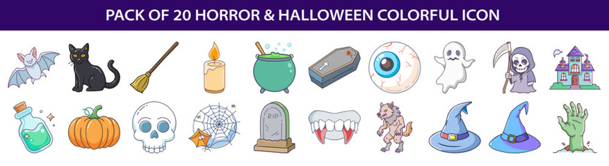 Pack of twenty horror and Halloween colorful icons cartoon style illustration