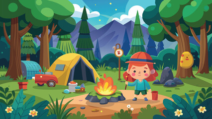 Cartoon Girl Roasting Marshmallow Over Campfire During Camping Trip in Forest Landscape