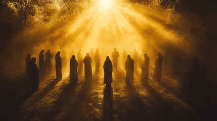 A silhouette bathed in morning light, enveloping a circle of supplicants in soft golden beams