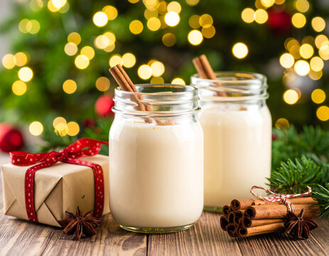 Puerto Rican coquito served in a glass jar with cinnamon sticks and star anise on the side.