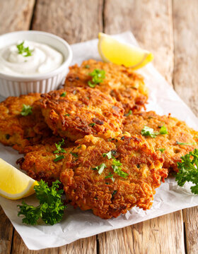Fresh Puerto Rican bacala�tos fish fritters resting on a paper towel alongside lemon wedges and greens.