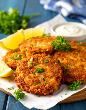 Fresh Puerto Rican bacala�tos fish fritters resting on a paper towel alongside lemon wedges and greens.