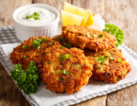 Fresh Puerto Rican bacala�tos fish fritters resting on a paper towel alongside lemon wedges and greens.