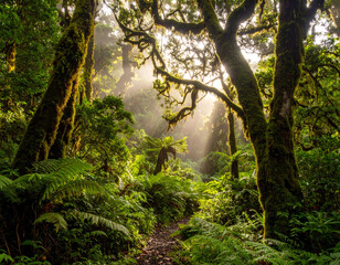 Lush green rainforest foliage with visible mist and sunlight filtering through, depicting the beauty of El Yunque.