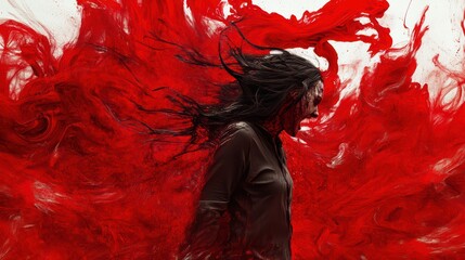 A solitary figure screaming into a void of swirling red ink, their hair and clothes whipped upward by unseen winds