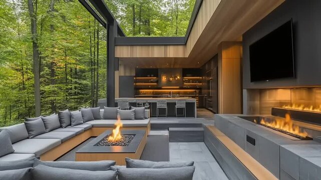Modern outdoor living area with fireplace and kitchen