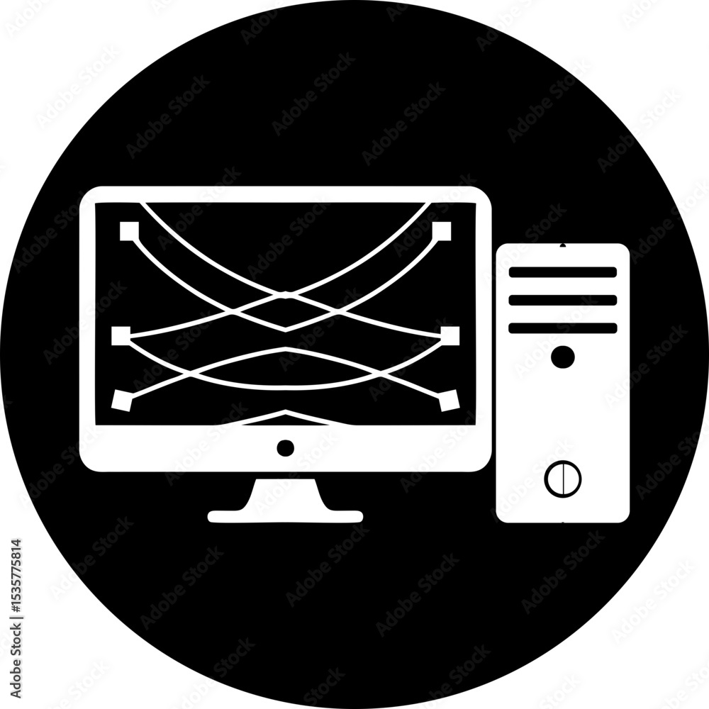 Poster network connection icon | pc with data transfer & internet lines on screen