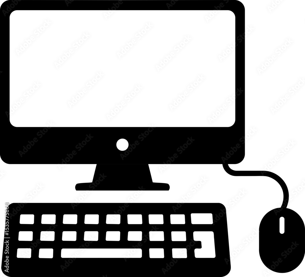 Poster solid black desktop computer icon - monitor, keyboard & mouse vector