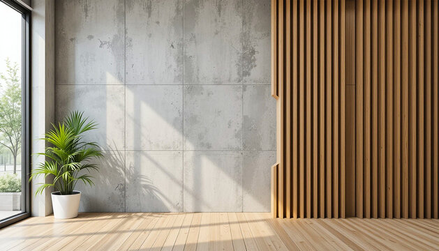 Modern minimalist room interior design featuring a concrete wall texture a wooden slat wall accent and a potted plant adding a touch of nature to the contemporary space hardwood floors sunlight