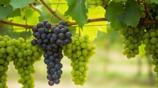 Ripe bunches of green and purple grapes hanging from vines in a vineyard