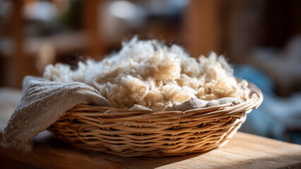 Freshly sheared sheep wool piled in a basket on a wooden table, raw and unprocessed with visible lanolin and natural curls, organic texture of the fleece.