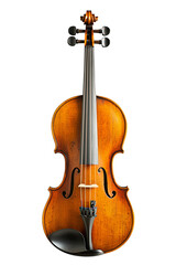 Classic wooden violin isolated on a transparent background. Full-size string instrument with four strings, curved body, tuning pegs, and fine details, suitable for music and design projects.