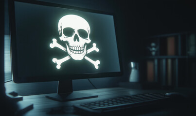 Dark room or office with desk and monitor, screen is showing jolly roger pirate sign. Online piracy, virus or cyber threats concept. Generative AI