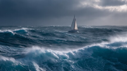 A lone sailboat caught in a turbulent ocean storm, sails flapping in the wind, massive waves crashing around it, the sky a mix of dark gray.